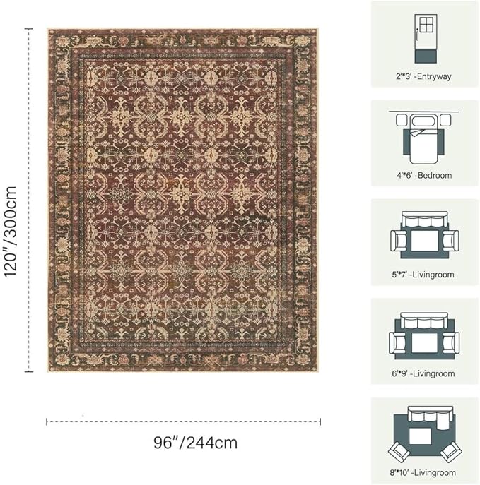 8x10 Area Rugs for Living Room Bedroom, Large Washable Christmas Rug, Vintage Oriental Boho Rug, Non Slip & Low Pile Faux Wool Thin Carpet for Indoor Dining Room and Kids Room(Red 8x10ft)