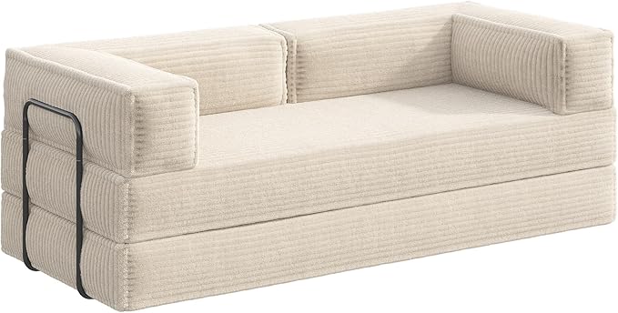 WLIVE 87'' Futon Sofa Bed, Convertible Sleeper Sofa, Folding Pull Out Couch Boneless Mattress with Fixed Frame, Corduroy, Beige