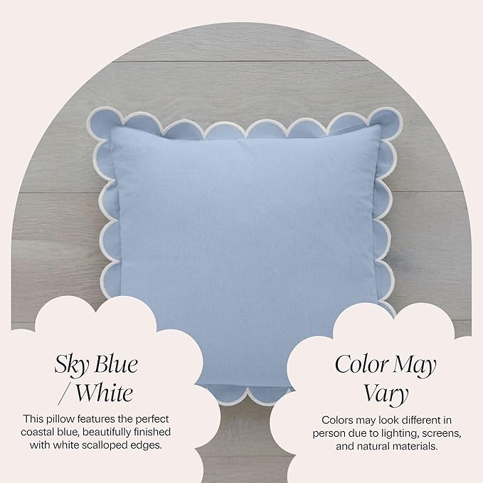 BEBE BASK Blue Scalloped Pillow Cover - Set of 2-18 x 18 Inch - Scallop Pillow Cover - Scalloped Pillows - Scallop Pillows - 100% Cotton - Grandmillennial Style (Sky Blue/White)