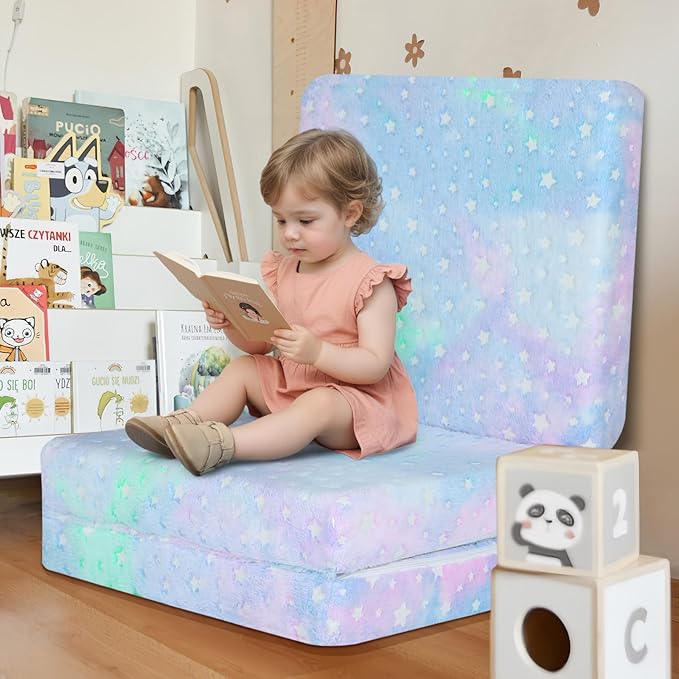 MeMoreCool Foldable Floor Mattress for Kids, Glow Star Trifold Mat, Kids Folding Mattress Portable Futon, 57x22 Inch Colorful
