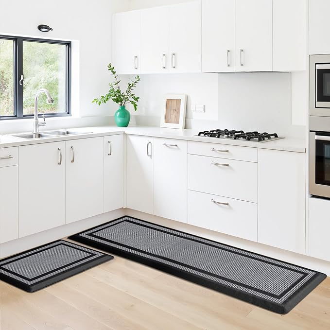 KitchenClouds [2 PCS] Kitchen Rugs Cushioned Anti-Fatigue Kitchen Mats for Floor Waterproof Kitchen Rug Set Non-Slip Comfort Standing Mat for Office, Sink, Laundry 20"×30"+20"×60",Black