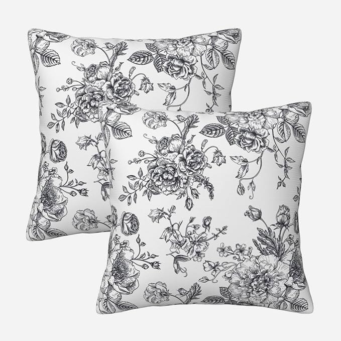 Dark Grey and White Floral Throw Pillow Covers 18x18 Set of 2, Vintage Flower Rustic Farmhouse Pillow Covers Outdoor Decorative Pillow Case for Couch Bed Sofa Cushion Home Decor