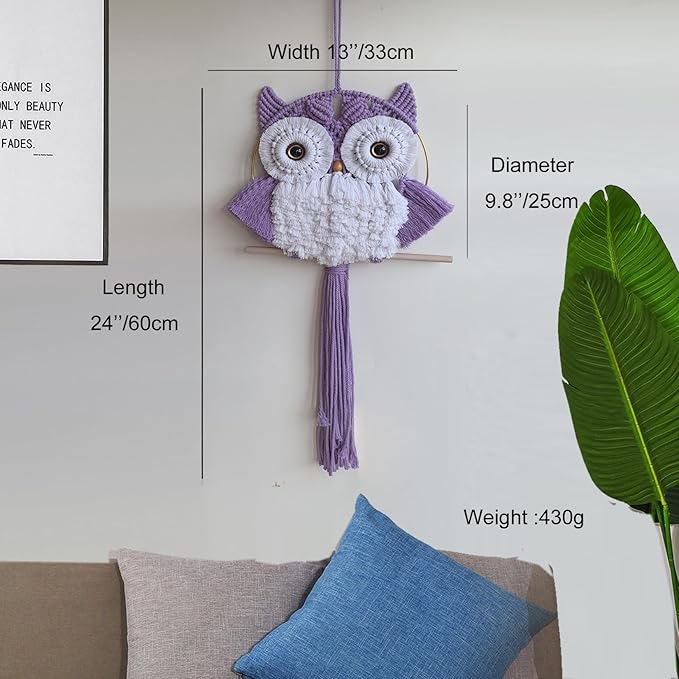 Macrame Owl Wall Hanging Boho Hippy Decor, Handmade Tapestry Fiber Art Wall Decor for Nursery Bedroom Living Room, Sustainable Gift for Owl Lovers & Nature Fans