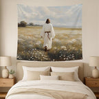 bitCNY Jesus in Field Tapestry 60x50 Inches – Solitude Christian Wall Art, Peaceful Religious Tapestry for Bedroom Living Room, Faith Journey Decor