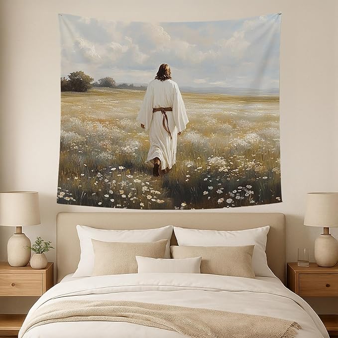 bitCNY Jesus in Field Tapestry 60x50 Inches – Solitude Christian Wall Art, Peaceful Religious Tapestry for Bedroom Living Room, Faith Journey Decor