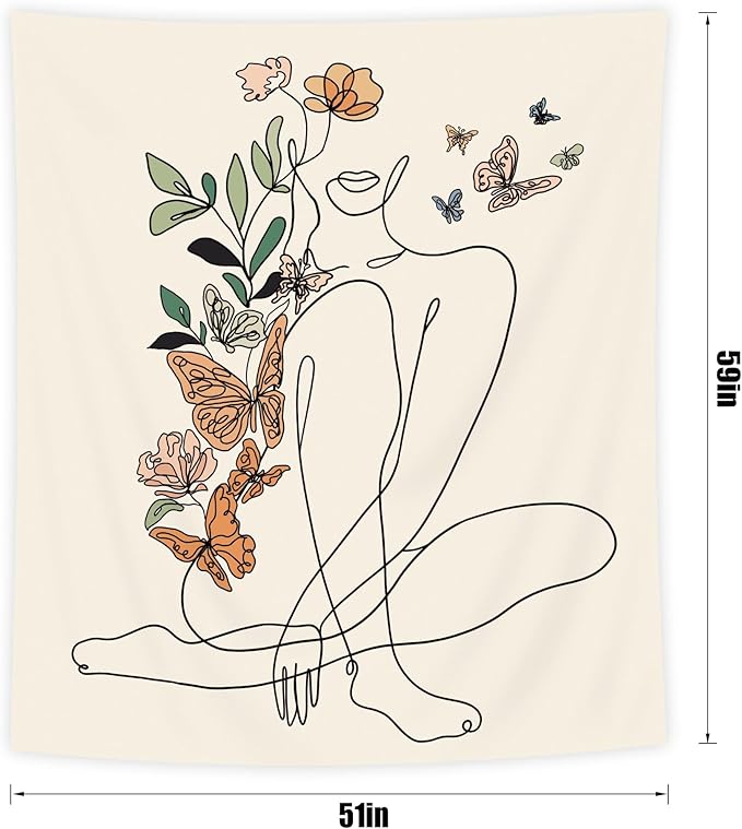 SVBright Abstract Woman Butterfly Fabric Wall Hanging Tapestry 51Wx59H Inch Minimalist Modern Flower Plant Mid Century Terracotta Aesthetic Portrait Beige Home Decor Art for Living Room Bedroom Dorm