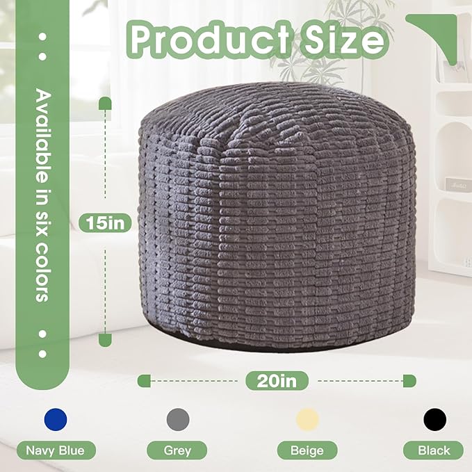 Round Stuffed Pouf, Corduroy Poufs with Foam Chunk Filling,26 X 18 Inches Floor Poufs Foot Rest for Living Room