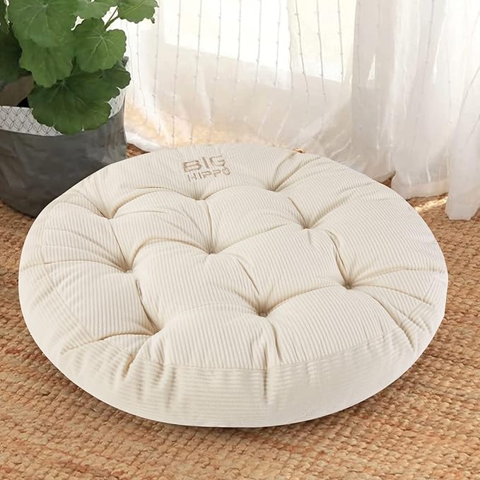 Big Hippo Floor Pillow Cushion, 22 Inch Round Seat Cushions Thick Meditation Cushion for Yoga Living Room Sofa Balcony Indoor & Outdoor (Beige)