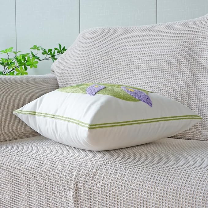 vctops Farmhouse Calla Lily Cotton Tufted Throw Pillow Cover Spring Floral Embroidery Pillowcase Soft Square Cushion Case for Sofa Couch Bed Chair (Purple C,18"x18")