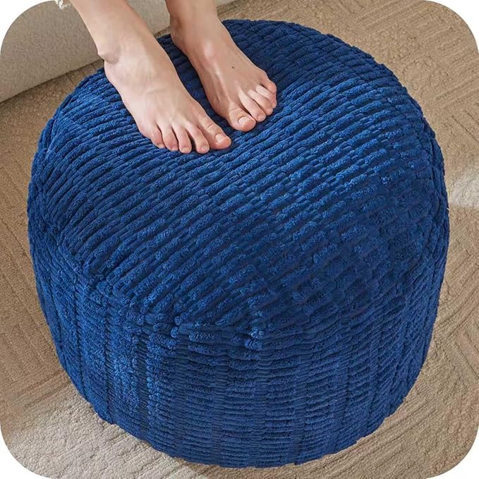 Round Stuffed Pouf, Corduroy Poufs with Foam Chunk Filling,26 X 18 Inches Floor Poufs Foot Rest for Living Room