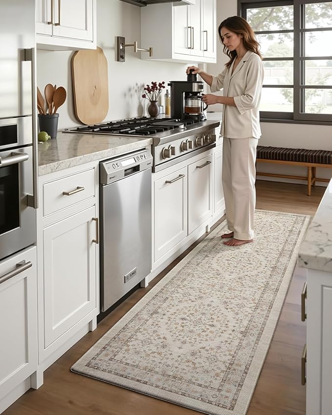 DEXI Kitchen Floor Mats Cushioned Anti Fatigue, 23x59 Rubber Standing Comfort Runner Rug, Waterproof Retro Floral Memory Foam Padded for Front Sink Laundry, Beige/Ivory