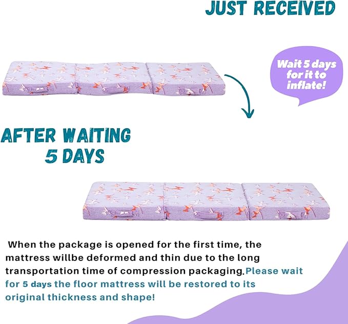 MeMoreCool Foldable Floor Mattress for Kids, Glow Butterfly Toddlers Trifold Nap Mat, Kids Folding Mattress Portable Sleeping Futon for Daycare or Floor Bed, 57x22 Inch Purple