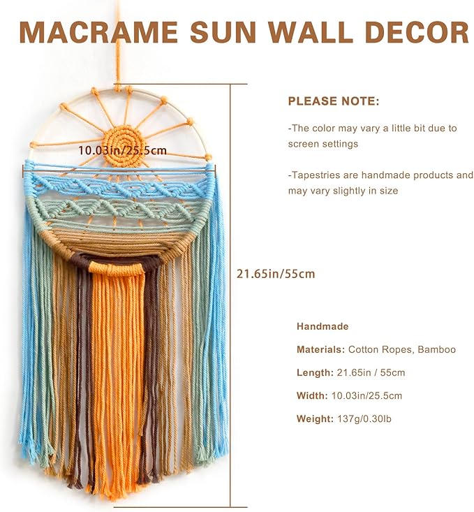 Artilady 2 Pack Macrame Sun Wall Decor Hanging Tapestry Sunshine Sunset Wall Art Set, Rustic Woven Tapestries Boho Dream Catcher Colorful Decor for Bedroom Living Room Nursery (Orange 2pcs)
