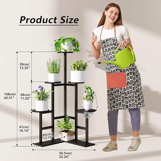 IBUYKE 6 Tier Plant Stand Indoor, Tall Flower Pot Stand for Multiple Plants, Tiered Corner Plant Shelf for Living Room Patio Balcony Garden, , Black TMJ072B