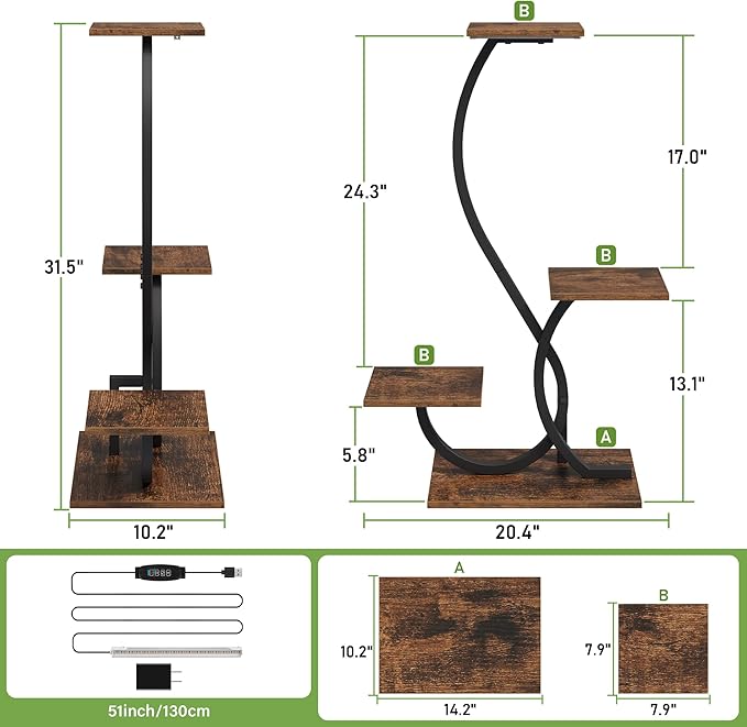 Plant Stand Indoor with Grow Lights - S-Shaped Plant Shelf, Lighted Corner Plant Stands for Indoor Growing, 32" Metal Flower Holder, 4 Tiered Decorative Shelves for Home, Hallway, Black