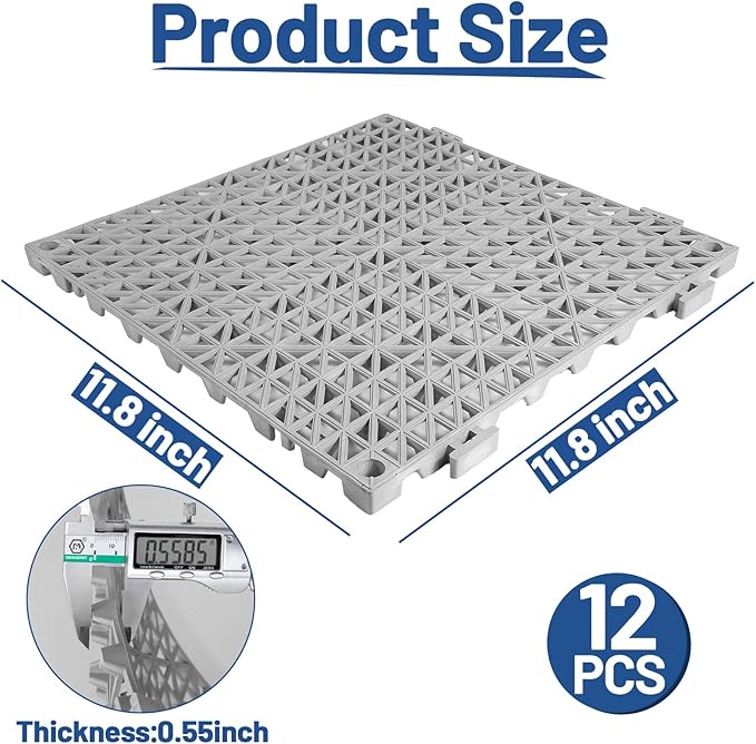 12PCS Drainage Interlocking Floor Tiles 11.8" x 11.8", Modular Interlocking Cushion Soft PVC Floor Non-Slip Splicing Waterproof Mat for Pool, Shower, Patio, Balcony, Bathroom, Kitchen, Yard（Grey）