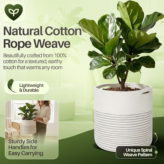 Flexzion Plant Basket (2 Pack) Modern Urban Boho Cotton Rope Basket Indoor Planter Holder (Up to 11 Inch Flower Pot) Macrame Woven Storage Organizer Bin with Handles Home Decor Storage 12" x 12"
