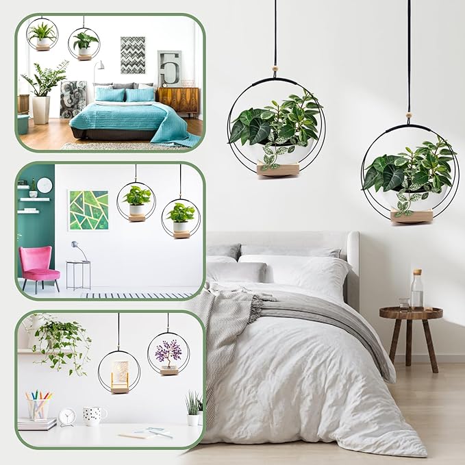 Hanging Planter for Indoor Plants,Plant Hanger with Wood Base,Boho Macrame Hanging Plant Holder,Wall Ceiling Window Hanging Plant Holder,Home Décor, Black, Round(Plants/Pots Not Included)