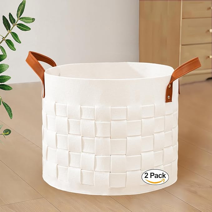 BOLDMONKEY Blankets Basket 15" x15 " x13 " 2 Pack, Round Laundry Hamper with Leather Handle, Soft Dog Toy Basket for Storage-Beige
