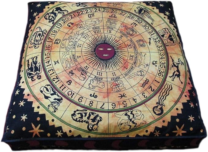 CRAFT KALA Mandala Floor Pillow Cushion Cover Seating Throw Cover Hippie Decorative Bohemian Ottoman Poufs Pom Pom Pillow Cases Boho Indian Cotton Living Room Yoga Home Décor 35" Square, Yellow Zodiac