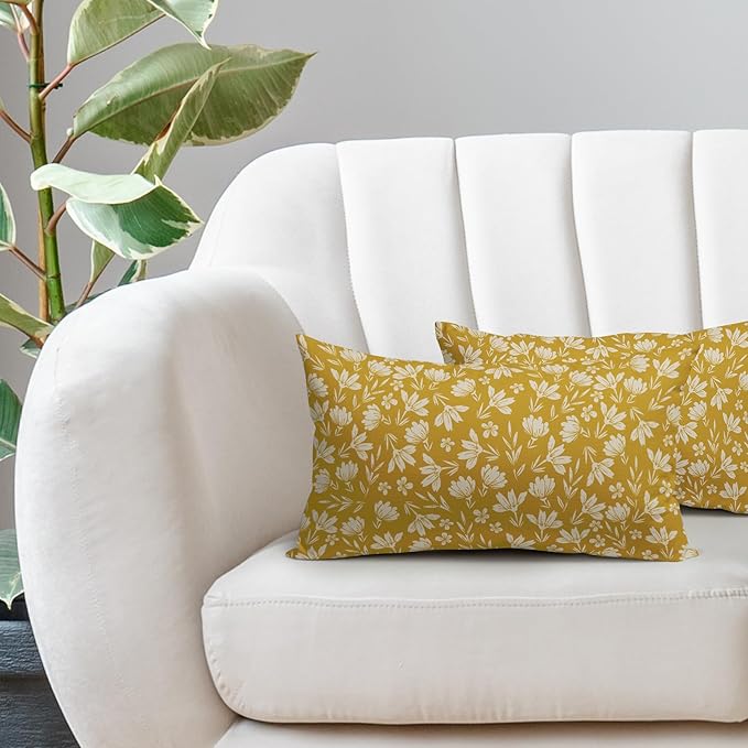 Yellow Pillow Covers 12x20 Set of 2 Vintage Floral Rustic Old Style Cute Flower Print Rectangle Decorative Outdoor Pillowcases Seasonal Farmhouse Throw Cushion Case Couch Sofa Bed Decor