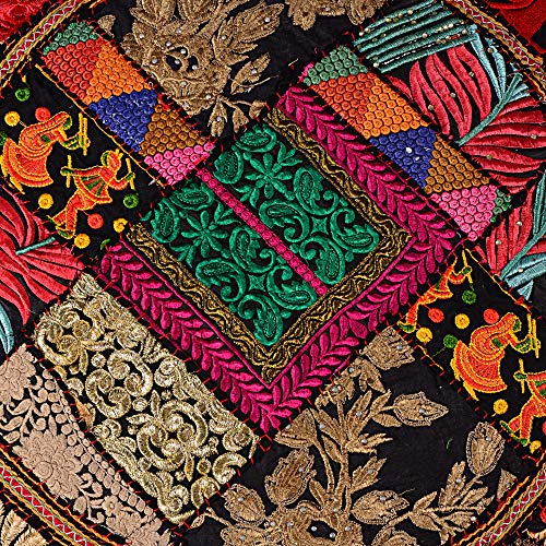 Rajasthani Handmade Colorful Decorative Floor Pillow Cover Meditation Patchwork Patchwork Cushion Seating Accent Boho Chic Indian Handmade Cover ONLY (Black Patchwork, 32x32 Inches) - color: Black