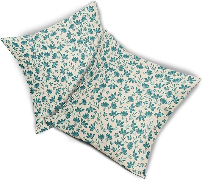 Teal Floral Pillow Covers 18x18 Set of 2 Vintage Rustic Old Style Cute Small Flower Blue Green Cream Print Decorative Outdoor Pillowcases Farmhouse Throw Cushion Case Decor for Couch Sofa Bed