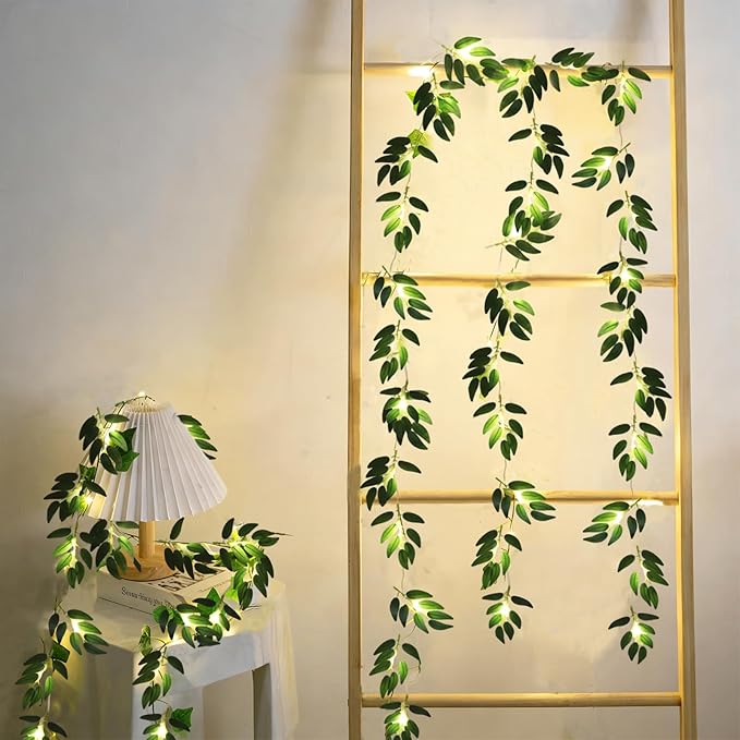 RECUTMS Willow Leaves String Lights 2Packs 20LEDs Artificial Leaf Rattan Light Hanging Vine Battery Operated Fairy Warm Light Ivy Greenery for Home Wedding Party Wall Indoor Outdoor Decor
