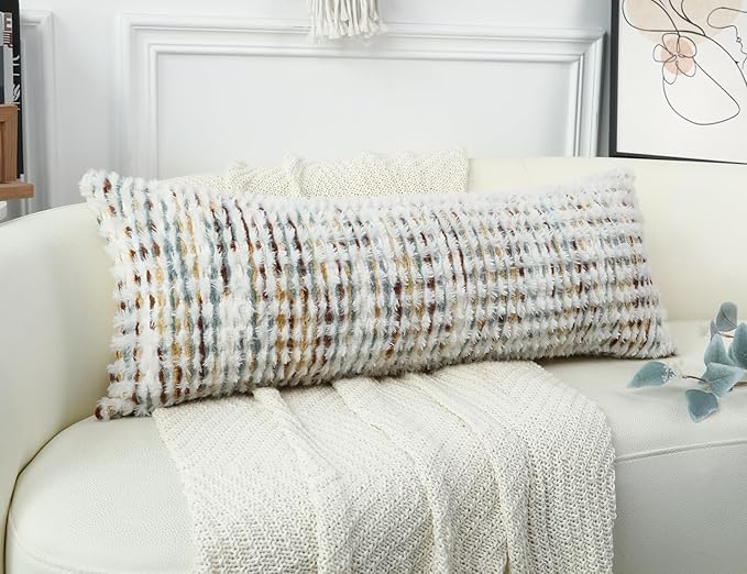 PANOD Coastal Decorative Lumbar Pillow Cover 14 x 36 Inch, Boho Long Pillow for Bed, Colorful Neutral Accent Farmhouse Long Body Pillow for Couch Sofa Bedroom Livingroom
