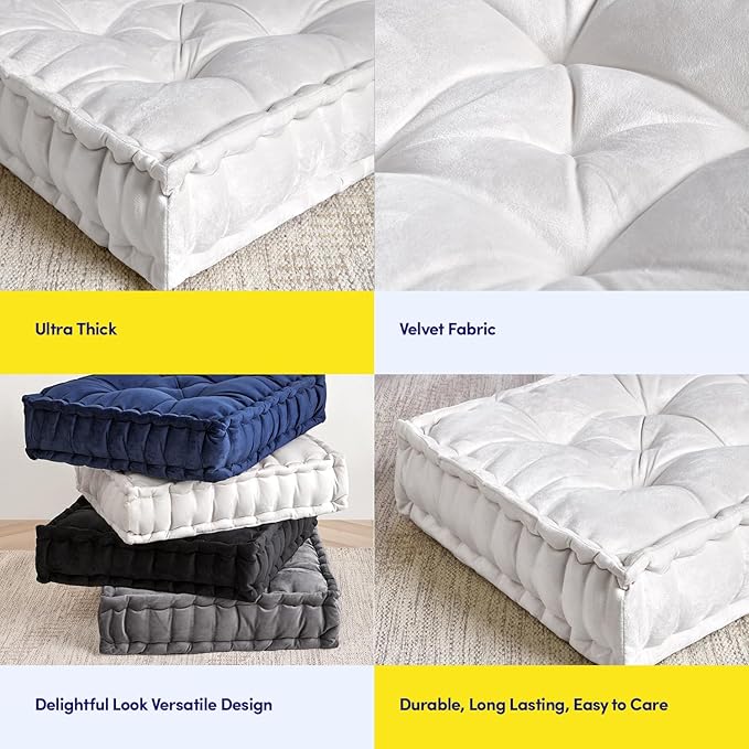 Floor Pillow Large Square Tufted Decorative Cushion 20" x 20" Faux Velvet Fabric Ultra Thick Fill for Kids and Adults, 2 Pack, Ivory
