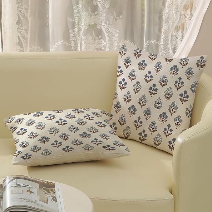 Brown Blue Pillow Covers 16x16 Inch Set of 2 Boho Block Print Floral Throw Pillows Vintage Flower Decorative Pillow Cases Outdoor Linen Farmhouse Cushion Cover for Couch Sofa Bed Decor