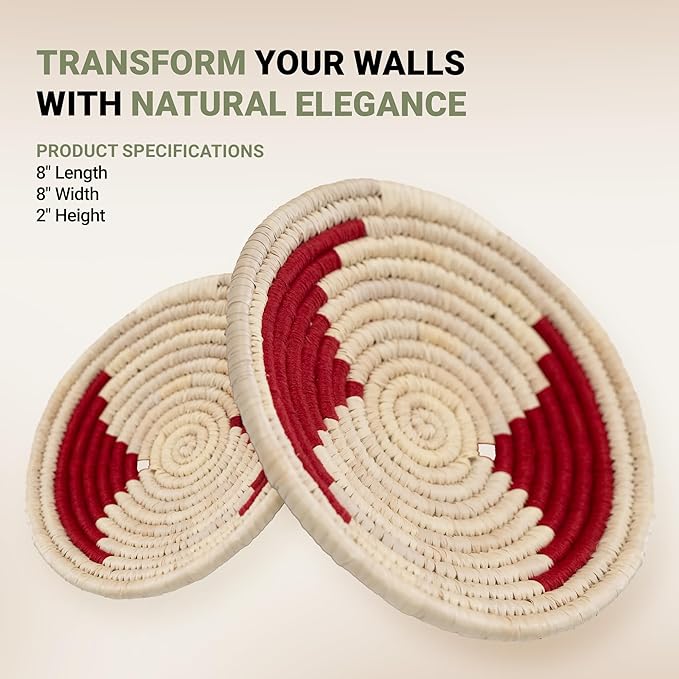 Wicker Village | Handmade Woven Wall Basket Décor | Boho Wall Art | Hanging Accent Rustic Natural Sabai Grass | Red and Beige | 8" L x 8" W x 2" H