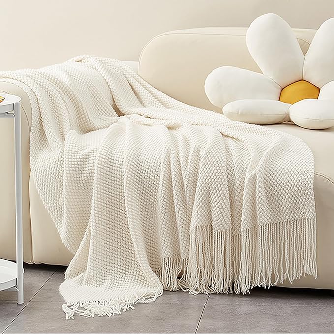 LOMAO Knitted Throw Blanket with Tassels Bubble Textured Lightweight Throws for Couch Cover Home Decor (Cream, 50x60)
