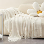 LOMAO Knitted Throw Blanket with Tassels Bubble Textured Lightweight Throws for Couch Cover Home Decor (Cream, 60x90)
