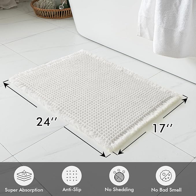 MIULEE Set of 2 Waffle Bathroom Rugs, Boho Bath Rugs Non Slip Washable, Super Absorbent Bath Mats, Ultra Soft Rubber Backed Shower Mats for Bathroom Floor, Tub and Shower, White, 17x24 Inch