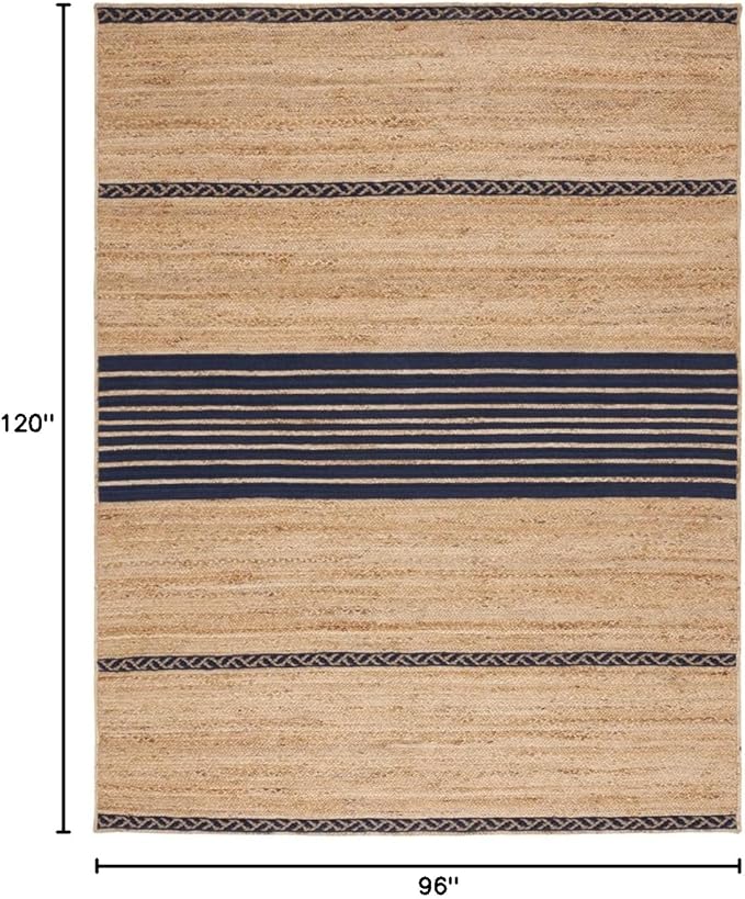 SAFAVIEH Area Rug 8x10 - Natural Fiber Collection - Large - Natural & Navy, Handmade Braided Jute, Stripe Pattern, Ideal for Living Room, Bedroom, Dining Space (NFB262N)