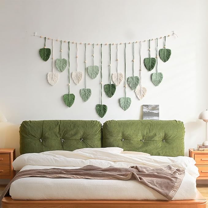 Macrame Wall Hanging, 47x29 inch Large Boho Woven Tapestry Wall Decor Chic Home Wall Art Modern Bohemian Handmade Green Leaf Feather Macrame Tapestry for Bedroom Apartment Living Room Backdrop Decor