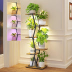 iDavosic.ly 5 Tier Indoor Plant Stand with Grow Light, Corner Tall Metal & Wood Flower Shelf, Orchid Display Rack for Living Room Balcony, Space Saving & Multifunctional Display, Black & Brown