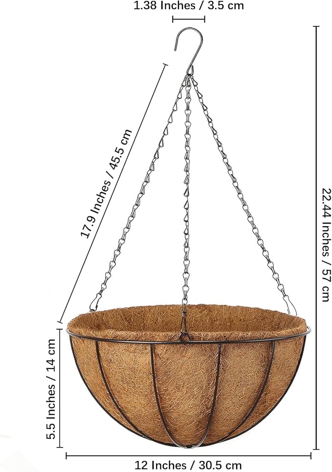 Hanging Baskets Planter for Plants - 4 Pack 12 Inch Metal Baskets with Coco Coir Liner, Hanging Flower Pots for Outside with Chain, Indoor Outdoor Garden Porch Decoration (12'' Pack of 4)