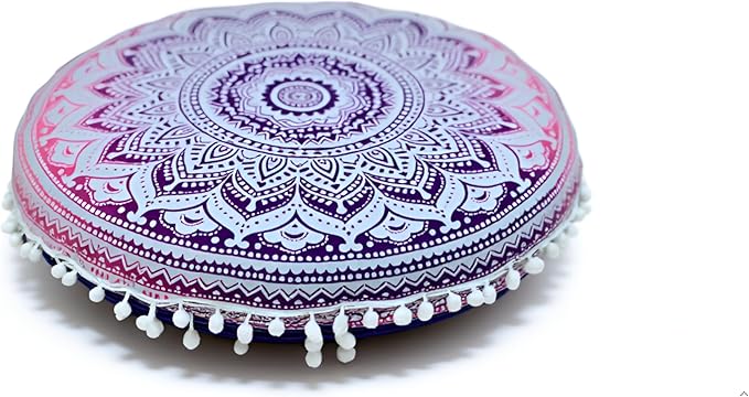 CRAFT KALA Round Mandala Boho Pillow Cover Meditation India Room Seating Poufs Cover for Living Room Yoga Room Home Décor Bedroom Balcony Garden Decoration Cotton Floor Cushion Cover (32", Pink Ombre)