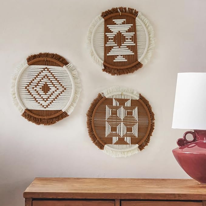 Flber Macrame Wall Hanging Boho Decor Set of 3 – Handmade Round Geometric Woven Cotton Rope Art for Living Room, Bedroom, Entryway or Bohemian Wall Display
