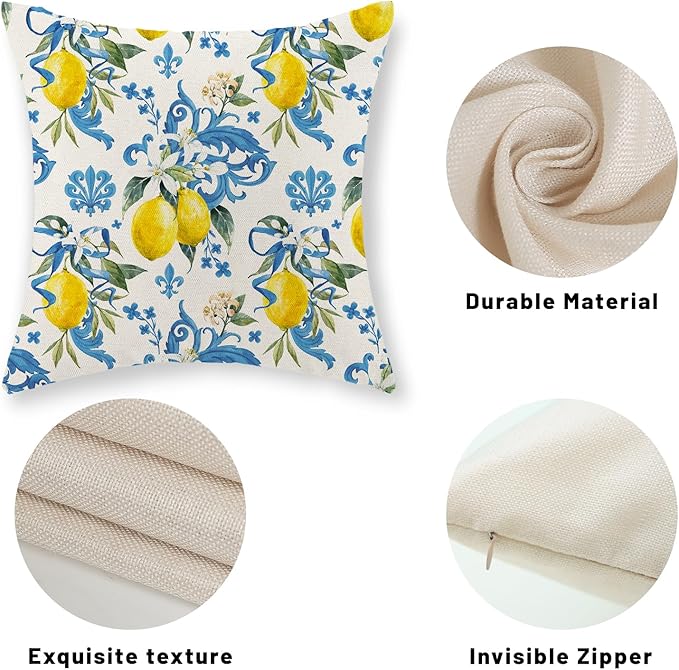 Summer Pillow Covers 18x18 Inch Set of 2 Blue Lemon Pillow Covers Seasonal Summer Outdoor Decorative Pillow Cases Linen Farmhouse Floral Cushion Covers Decor for Couch Living Room Bedroom