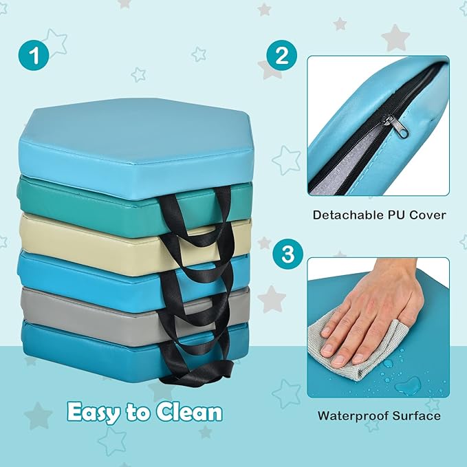 Costzon 6-Piece 15 inch Kids Floor Cushion, 2" Thick Waterproof Daycare Preschool Hexagon Foam Cushion with Handle for Toddlers, Soft Flexible Seating for Classroom, Home, Kindergarten or Nursery