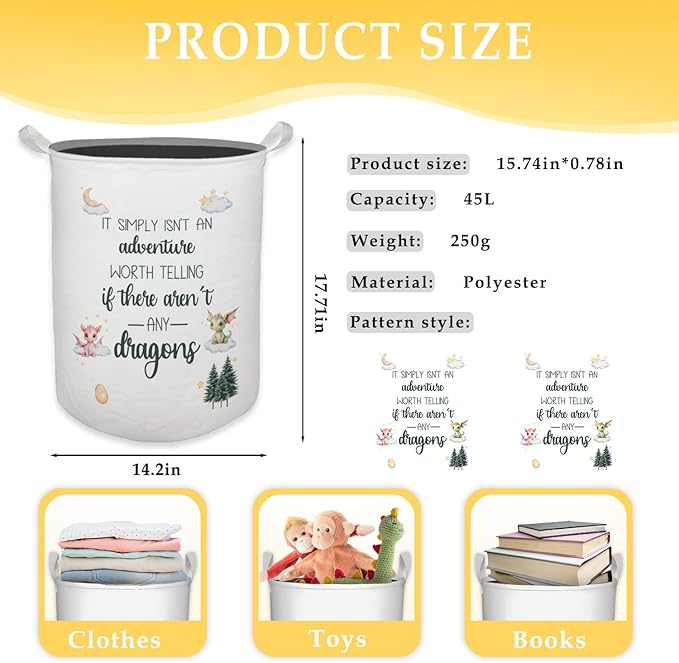 Dragon Nursery Kids Laundry Basket, Toybox for Boys Room, Dragon Fantasy Nursery Laundry Basket Hamper Waterproof Collapsible Clothes Toys Storage Bin Organizer for Kids Room Playroom Bathroom
