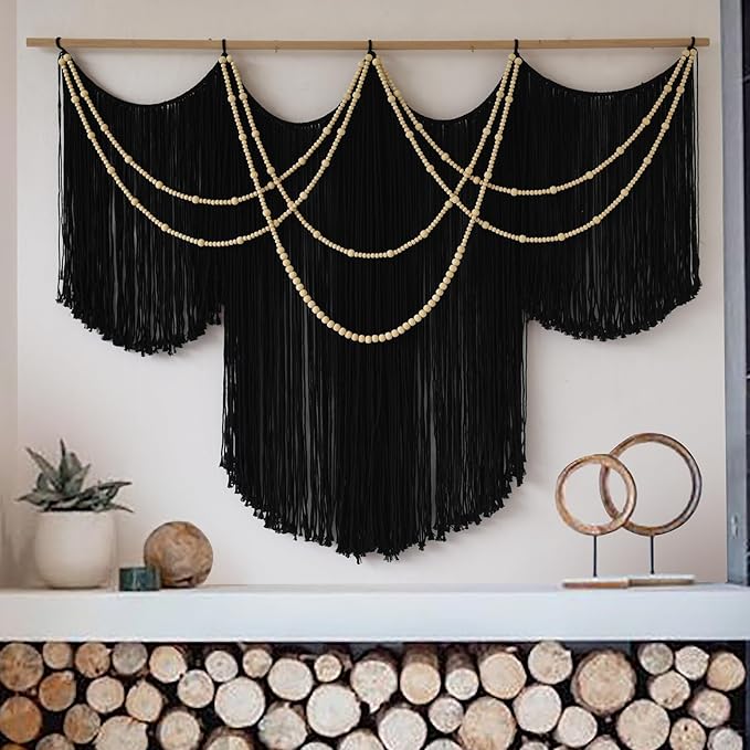 Macrame Wall Hanging Black Yarn Tapestry Home Decor Large Fiber Wall Art Living Room Bedroom Home Wall Decor 57" W x 43" L