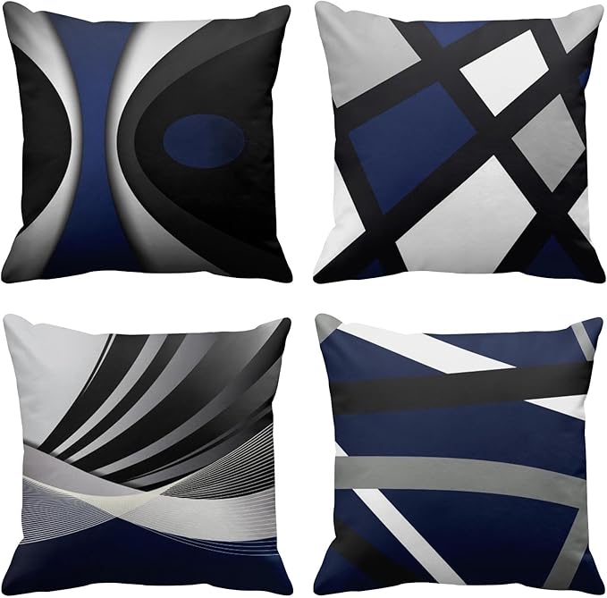 Emvency Set of 4 Dark Blue Throw Pillow Covers Modern Abstract Black Grey Stripes Gray White Acrylic Bold Decorative Pillow Cases Home Decor Square 18x18 Inches Pillowcases