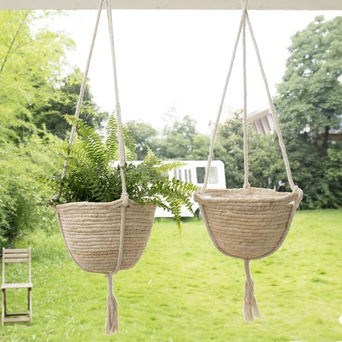 Natural Hanging Seagrass Plant Baskets, Macrame Plant Hangers, Indoor Boho Plant Hanger, for Indoor Outdoor Home Decorations Fence Planters Plant Flower Pots