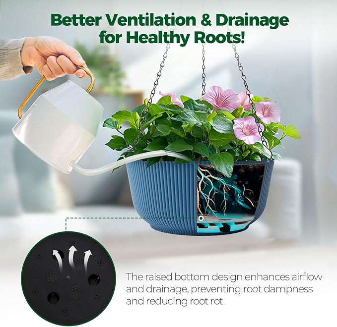 T4U 12 Inch Large Hanging Planters for Outdoor Plants, 2 Pack Self Watering Pots Indoor, Hanging Baskets for Plants,Hanging Flower Pot with Drainage Hole and Plant Hanger, Blue