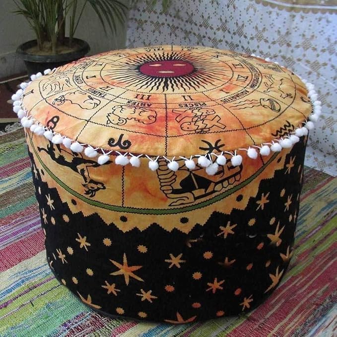 Zodiac Astrology Mandala Large Ottoman Floor Cushions Cover Decorative Throw Pillow Cases Round Ottoman Cover Siting Footstool Bohemian Kids Bean Bag Case