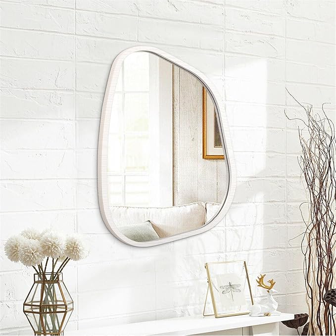 Irregular Wooden Framed Wall Mirror Modern Asymmetrical Unique Hanging Mirror Artistic Boho Mirror Decor Bathroom Vanity Bedroom Living Room Entryway Hallway 20"x16"